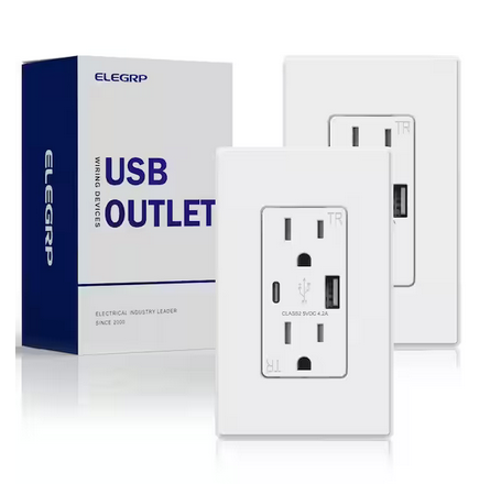 21W USB Wall Outlet with Type A and Type C USB Ports, 15 Amp Tamper Resistant, with Screwless Wall Plate,White (2 Pack) - 91008253684