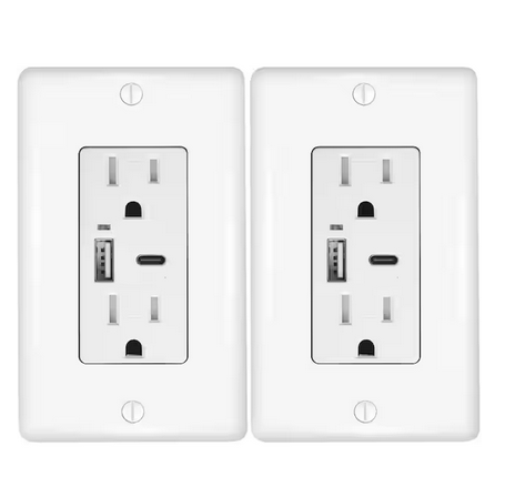 3.6-Amp 5-Volt Type A and C USB Duplex Wall Outlet with 15-Amp 125-Volt Tamper-Resistant Receptacle, White (2-Pack) - 91006807675