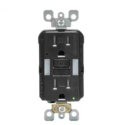 15 Amp Self-Test SmartlockPro Combo Duplex Guide Light and Tamper Resistant GFCI Outlet, Black