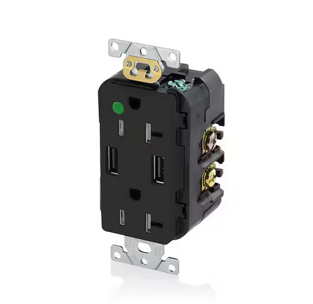 Decora 20 Amp Hospital Grade Tamper Resistant Duplex Outlet and 3.6 Amp USB Outlet, Black