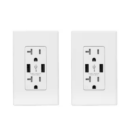 25-Watt 20 Amp Dual Type A USB Duplex Wall Outlet, Wall Plate Included, White (2-Pack) - 91005748938