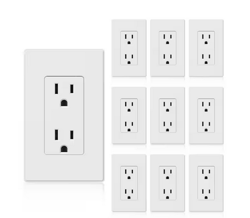 Decorator 15 Amp 125-Volt Residential Grade Self Grounding Duplex Outlet, with Wall Plate, Matt White (10-Pack) - 91009275486