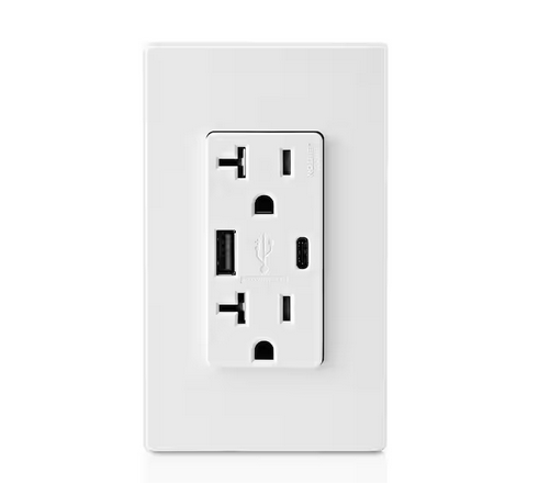 20 Amp Decora Type A and Type C Combination Duplex Tamper Resistant Outlet and USB Charger, White - 91011101217