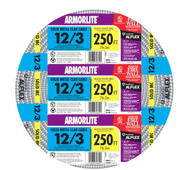 12/3 x 250 ft. Solid CU MC (Metal Clad) Armorlite Cable - 9744747