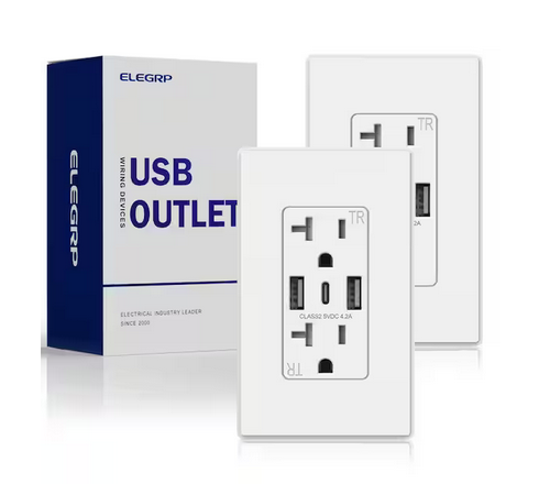 21W USB Wall Outlet w/Dual Type A and Type C USB Ports, 20 Amp Tamper Resistant Outlet, w/Wall Plate, White (2 Pack) - 91009419658