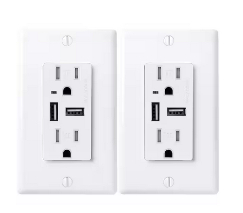15 Amp Decorator Tamper-Resistant Duplex Receptacle and 4.6 Amp USB Outlet, Wall Plate Included, White (2-Pack) - 91006788626