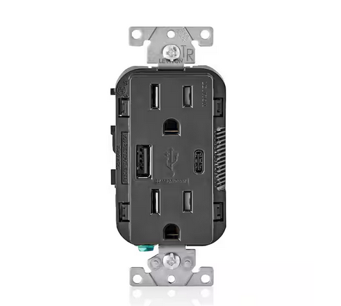15 Amp Decora Type A and C USB Charger Tamper-Resistant Outlet, Black - 91003202323