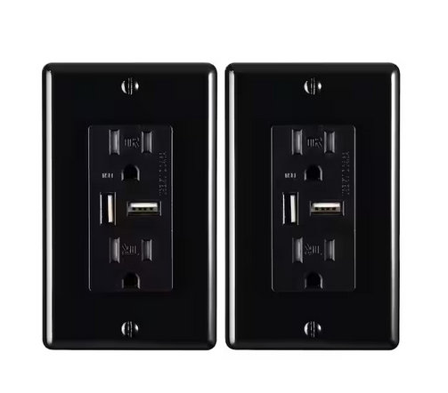 15 Amp Decorator Tamper-Resistant Duplex Receptacle and 4.6A USB Outlet, Wall Plate Included, Black (2-Pack) - 91006816266