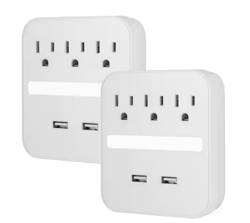3-Outlet 440J Surge Protector Outlet Extender with USB Hub and Night Light, White, (2-Pack) - 91005439483
