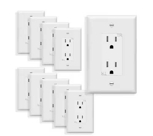 15 Amp Tamper Resistant Decorator Duplex Outlet with Midsize Wall Plate, White (10-Pack) - 91009606381