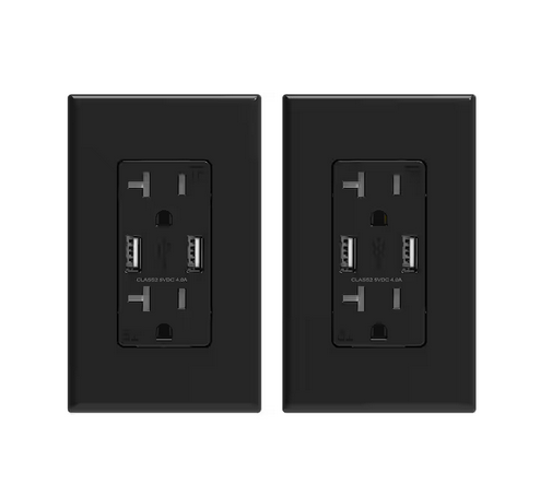 4 Amp USB Dual Type A In-Wall Charger with 20 Amp Duplex Tamper Resistant Outlet, Wall Plate Included, Black (2-Pack) - 91005748945