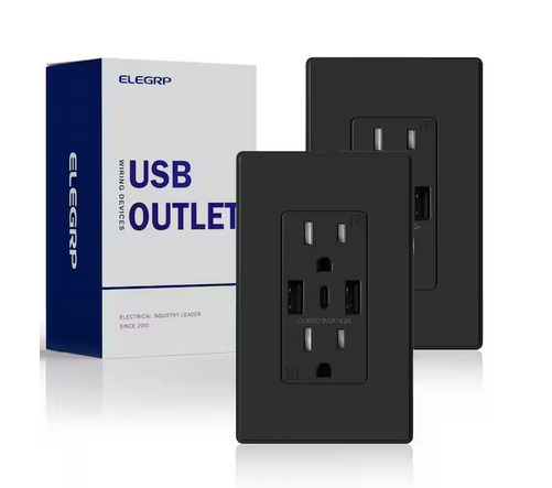21W USB Wall Outlet w/Dual Type A and Type C USB Ports, 15 Amp Tamper Resistant Outlet, w/Wall Plate, Black (2 Pack) - 91009419657