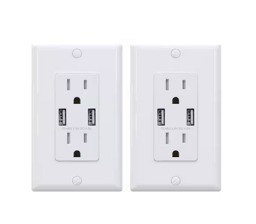 4.0 Amp Dual USB Ports with Smart Chip, 15 Amp Duplex Tamper Resistant Outlet, Wall Plate Included, White (2-Pack) - 91006202363