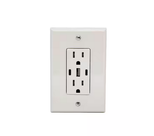 USB Receptacle Outlet White, 15A 30W with 2 Type C, 1 Type A USB Charger and Standard Wallplate - 91011729462