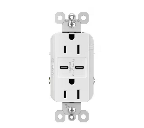 radiant 15 Amp 125-Volt Decorator Duplex Outlet with 6.0 Amp Type C/C USB, White - 91005982032