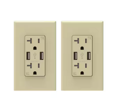 3.6 Amp USB Dual Type A In-Wall Charger with 20 Amp Duplex Tamper Resistant Outlet Wall Plate Included, Ivory (2-Pack) - 91005748944