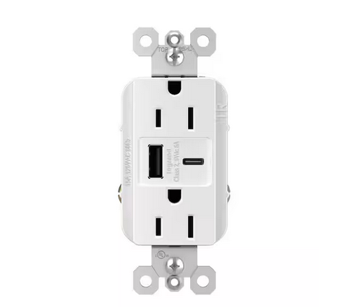 radiant 15 Amp 125-Volt Decorator Duplex Outlet with 6.0 Amp Type A/C USB, White - 91007571954