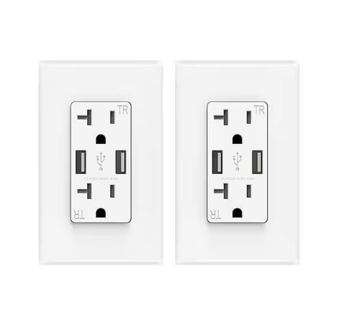 4 Amp USB Dual Type A In-Wall Charger with 20 Amp Duplex Tamper Resistant Outlet, Wall Plate Included, White (2-Pack) - 91005748941