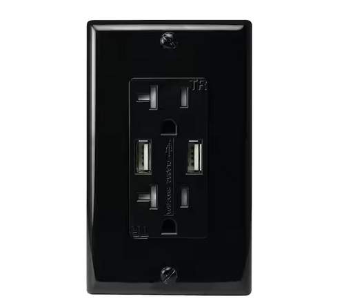 Two 5 Amp USB Two 20 Amp AC Wall Outlet and USB Charging Ports Wall Plate Tamper Resistant, Black - 91004155852