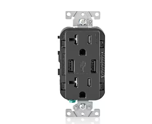 Decora 20 Amp Tamper Resistant Duplex Outlet and 3.6 Amp USB Outlet Charger, Black