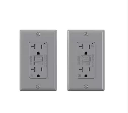 Grey 20 Amp 125-Volt Tamper Resistant Duplex Self-Test GFCI Outlet, with Wall Plate (2-Pack) - 91011012508