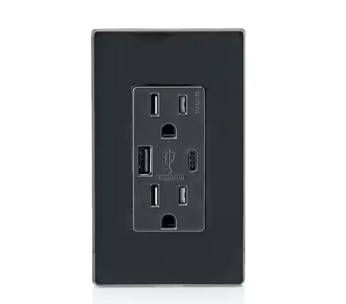 Black, 15 Amp Decora Type A and C USB Charger Tamper-Resistant Outlet - 91011101209