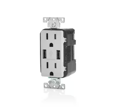 Decora 15 Amp Tamper Resistant Duplex Outlet and 3.6 Amp USB Outlet, Gray