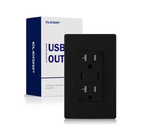 30-Watt Dual Type C USB Duplex Wall Outlet for PD and QC, 20 Amp Receptacle, w/Wall Plate (1-Pack, Black) - 91010020862