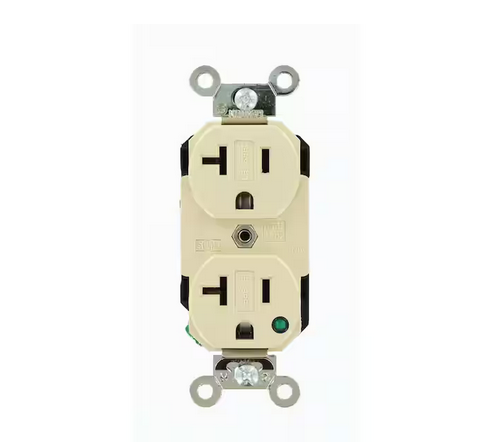 20 Amp Hospital Grade Extra Heavy Duty Self Grounding Duplex Outlet with Power Indication, Ivory