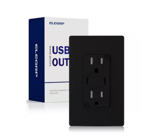 30-Watt Dual Type C USB Duplex Wall Outlet for PD and QC, 15 Amp Receptacle, w/Wall Plate (1-Pack, Black) - 91010020843