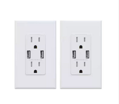 4.0 Amp Dual USB Ports with Smart Chip, 15 Amp Duplex Tamper Resistant Outlet, Wall Plate Included, White (2-Pack) - 91006202366
