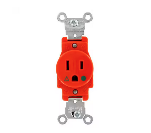 15 Amp Industrial Grade Heavy Duty Isolated Ground Single Outlet, Orange