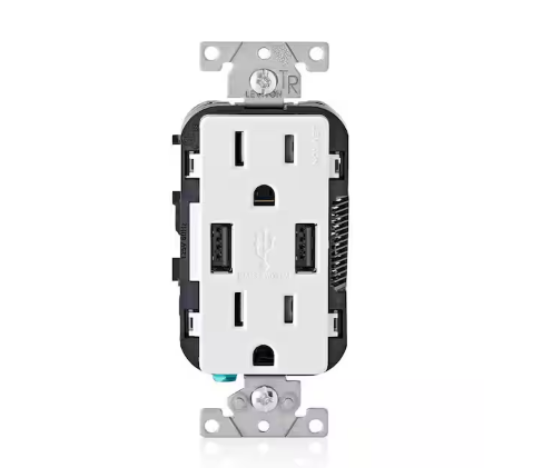 3.6A USB Dual Type A In-Wall Charger with 15 Amp Tamper-Resistant Outlets, White - 91000045206