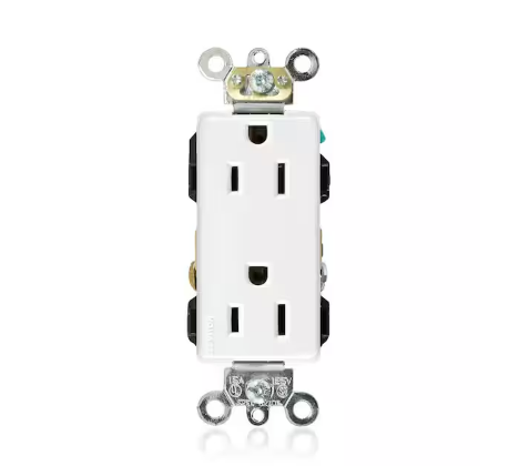 Decora Plus 15 Amp Hospital Grade Extra Heavy Duty Self Grounding Duplex Outlet, White