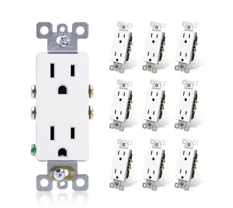 Decor 15 Amp 125-Volt Residential Grade Self Grounding Duplex Outlet, White (10-Pack) - 91006547747