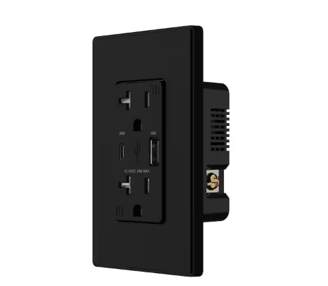 20W USB Wall Outlet with Type A and Type C USB Ports for Power Delivery and Quick Charge, w/Wall Plate, Black (1 Pack) - 91009274645