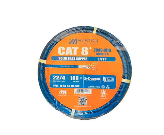 100 ft. SySPEED Premium Cat 8 Plus S/FTP 22AWG 4-Pair Solid Copper Bulk Ethernet Cable Blue - 91009297504