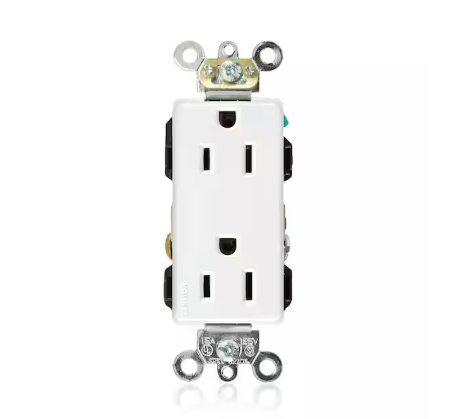 Decora Plus 15 Amp Industrial Grade Heavy Duty Self Grounding Duplex Outlet, White