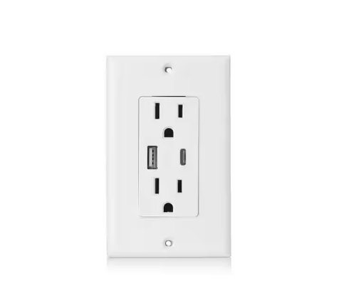 Electrical Duplex Outlet Receptacle with 2-USB Ports, 1-High Power USB-C Port and Another USB-A, Total 4.8 Amp/24-Watt - 91003132483