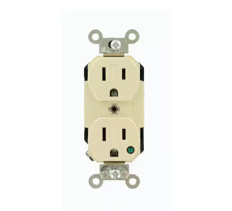 15 Amp Hospital Grade Extra Heavy Duty Self Grounding Duplex Outlet with Power Indicator, Ivory