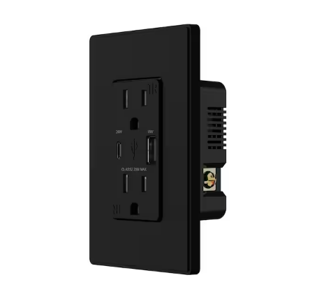 20W USB Wall Outlet with Type A and Type C USB Ports for Power Delivery and Quick Charge, w/Wall Plate, Black(1 Pack) - 91009271647