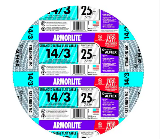 14/3 x 25 ft. Stranded CU MC (Metal Clad) Armorlite Cable - 91000499494