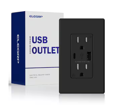 21W USB Wall Outlet with Type A and Type C USB Ports, 15 Amp Tamper Resistant, with Screwless Wall Plate,Black (1 Pack) - 91008253068