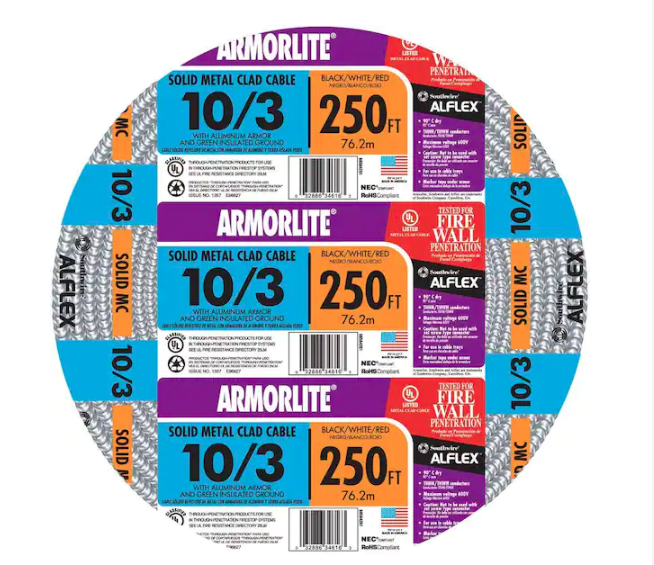 10/3 x 250 ft. Solid CU MC (Metal Clad) Armorlite Cable - 91000500308