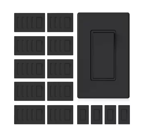 15 Amp Single-Pole Decorative Paddle Rocker Light Switch Matte Black with Wall Plate (50-Pack) - 91010598767