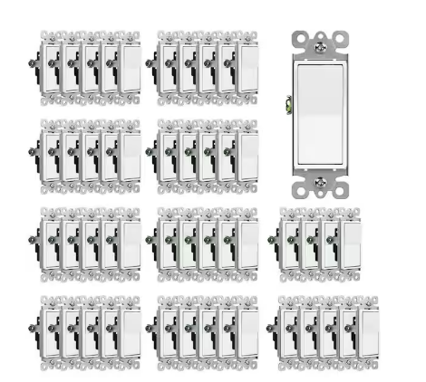 15 Amp Single-Pole Illuminated Antimicrobial Rocker Light Switch Gloss White 50-Pack UL Certified - 91010997132
