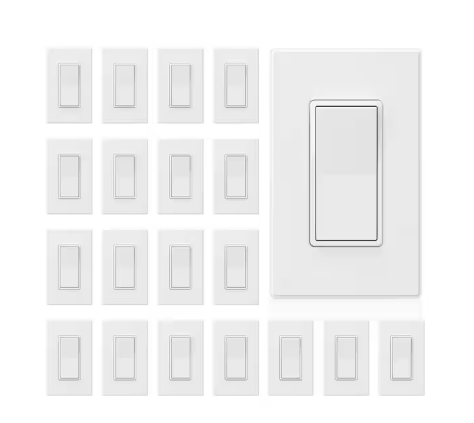 15 Amp Single-Pole Decorative Paddle Rocker Light Switch Matte White with Wall Plate (20-Pack) - 91010598776