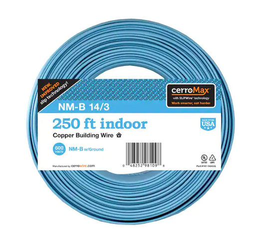 250 ft. 14/3 Light Blue Solid CerroMax SLiPWire Copper NM -B Wire - 91005270617