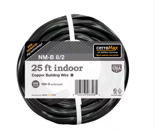 25 ft. 8/2 Black Stranded CerroMax SLiPWire Copper NM-B Wire - 91002352617