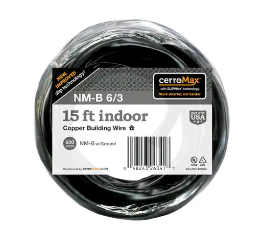 15 ft. 6/3 Black Stranded CerroMax SLiPWire Copper NM-B Wire - 91002352599